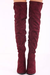Wine Faux suede over the knee heeled boots