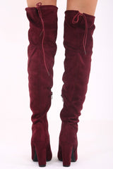 Wine Faux suede over the knee heeled boots